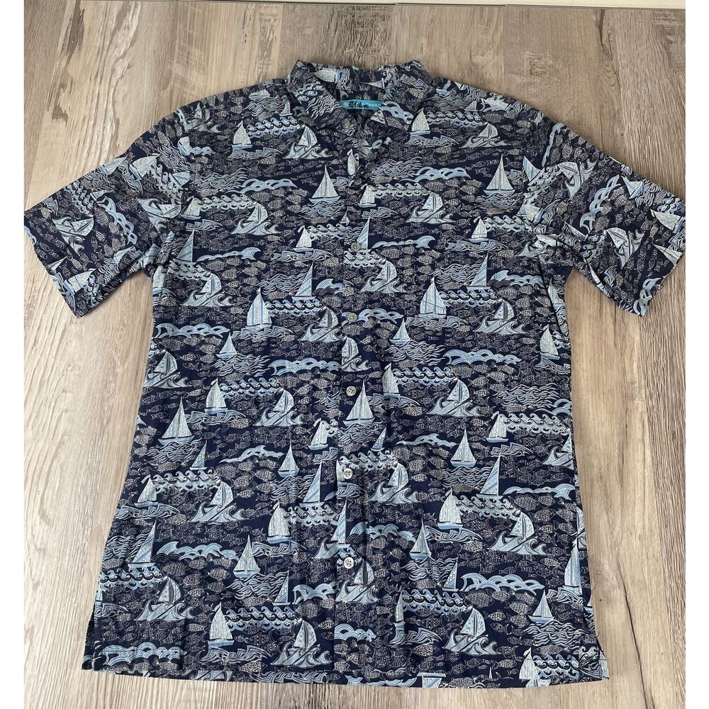 Tori Richard Fish-N-Sea Cotton Lawn Hawaiian Aloha Shirt Tropical Tiki Sailboats